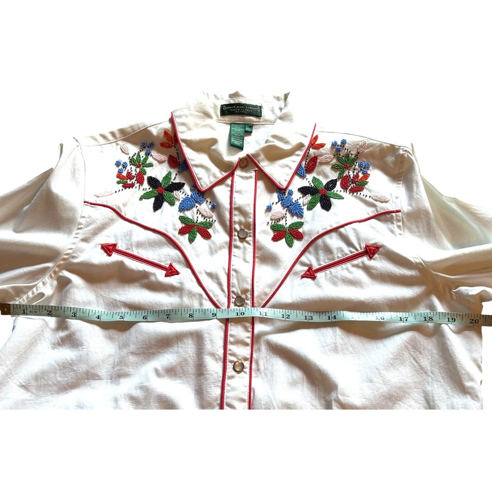 Lauren Ralph Lauren Western Shirt White Beaded Embroidered Pearl Snap Petite L - Picture 9 of 16